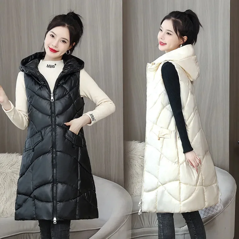 2024 White New Women\'s Vest Fashion Winter Puffer Stand Collar Padded Long Jacket Coat Sleeveles Female Waistcoat Chic Clothes