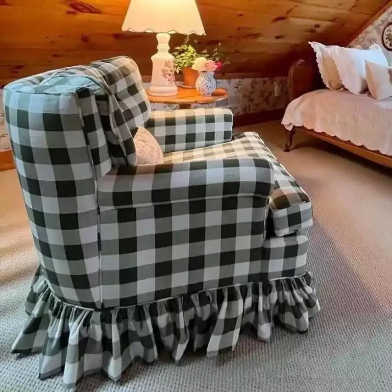 Nanyang retro style single sofa, English pastoral floral style, French plaid lounge chair, photography, photo skirt
