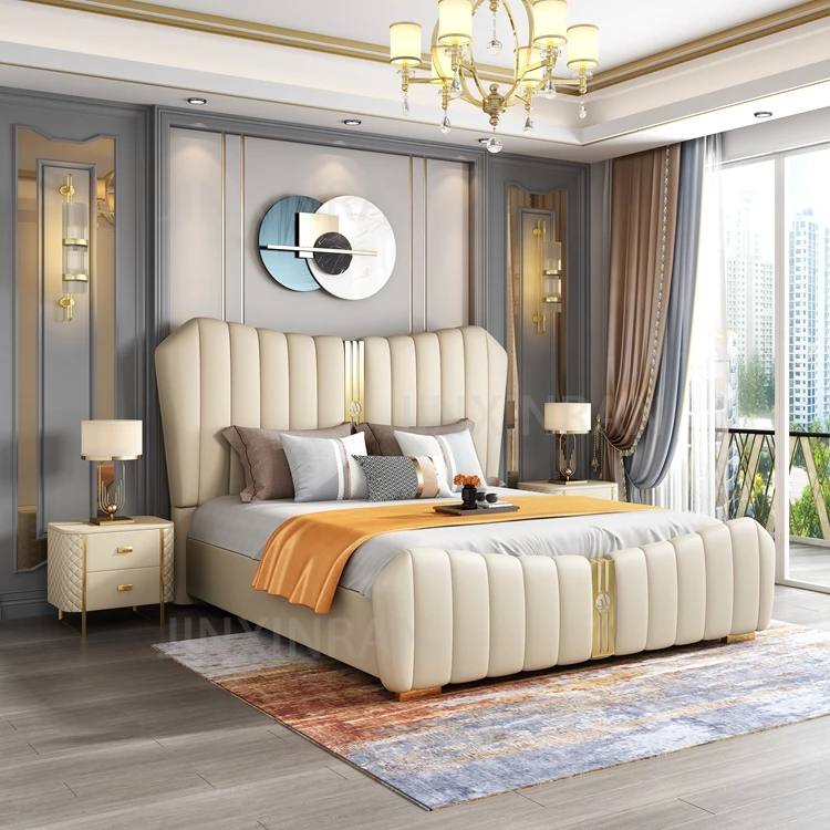 Italy modern bed room furniture bedroom set king size bed fashionable cream white leather high headboard soft bed