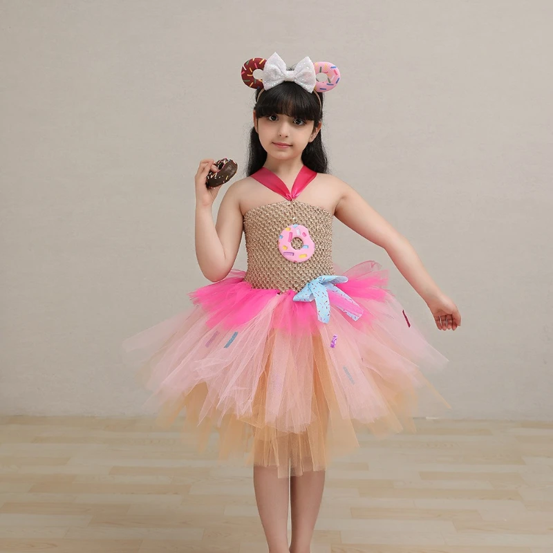Sweet Donut Girl's Halloween Christmas Carnival Tulle Puff Skirt Chocolate Candy Children's Stage Party Performance Dress