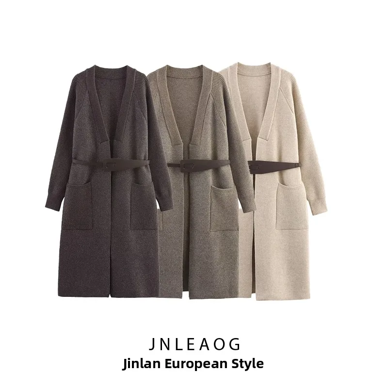 

JNLEAOG женское вязаное пальто с поясом, осеннее новое повседневное однотонное пальто Long Sve Warmth Faion Design Sense