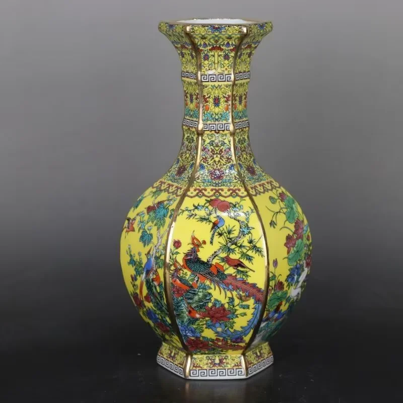Chinese Yellow Enamel Porcelain Qing Qianlong Flowers Bird Design Vase 10.1 Inch