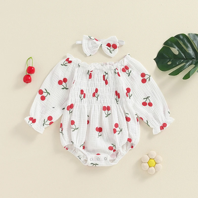 Baby Girl 2Pcs Fall Outfits Long Sleeve Cherry Print Smocked Bodysuit with Headband Set Infant Clothes