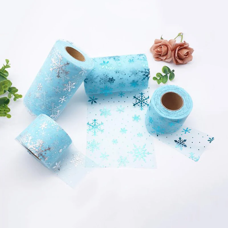 6cm*25yards Organza Blue Snow Flower Tulle Roll Spool Fabric Ribbon DIY Tutu Skirt Gift Craft Party Wedding Party Decoration