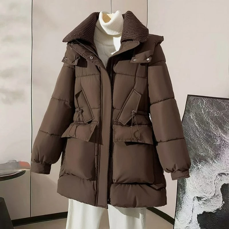 

2026 Зимняя модная вязаная свободная куртка средней длины с лацканами на хлопковой подкладке, универсальное новое теплое женское пальто большого размера с хлопковой подкладкой