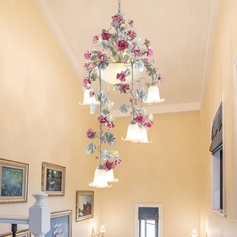 Pastoral Loft Duplex Stair Chandelier Romantic Handmade Iron Rose Flower Grass Empty Villa Living Room Long Pendant Light