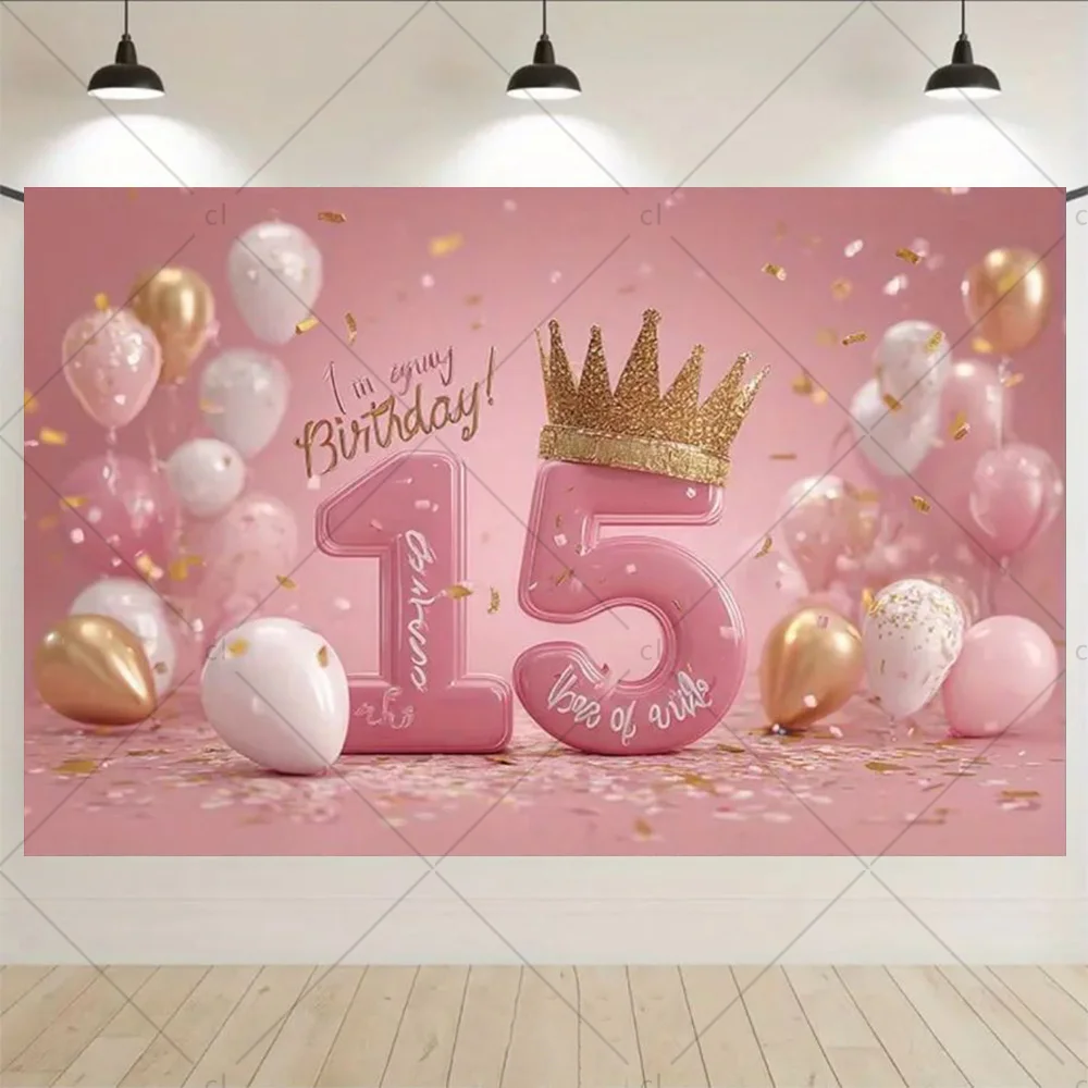 15th Happy Birthday Party Photography Background Banner Blue Pink Balloon Decoration Boys And Girls Photo Backdrops QS-01