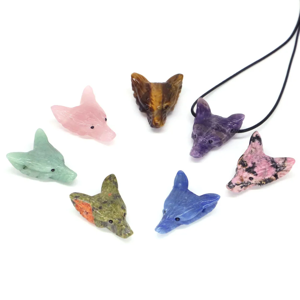 36mm Wolf Head Pendant Natural Stone Healing Crystal Quartz Carved Animal Gemstone Crafts Home Decor DIY Necklace Jewelry Making