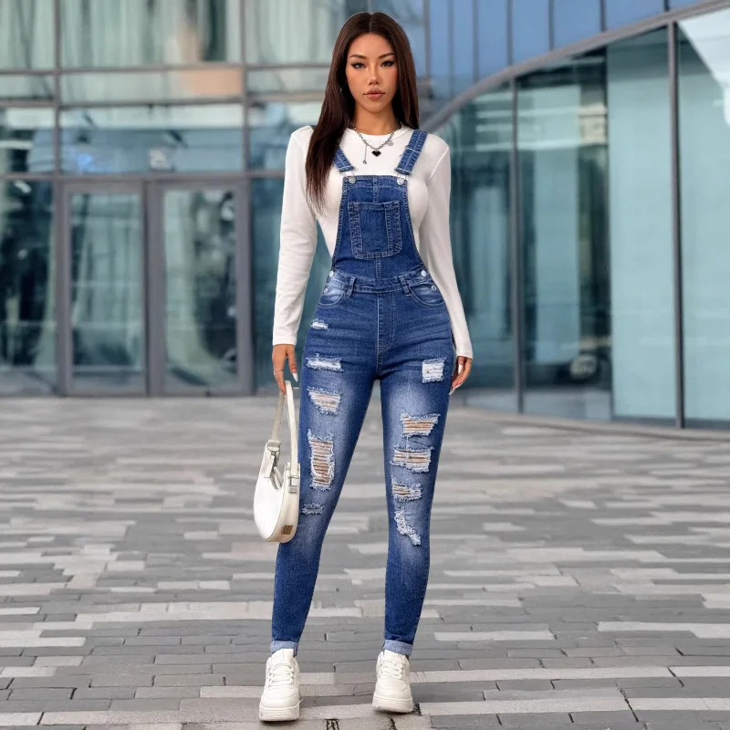

Custom-made cross-border European and American best-selling women's stretch slim-fit ripped denim overalls with skinny legs, qui