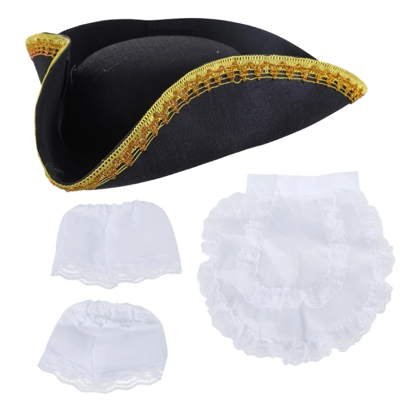 Black Pirate Hat Colonial Tricorn Hat with Gold Trimming White Cuffs Apron Set Halloween Costume Hat Funny Party Hat