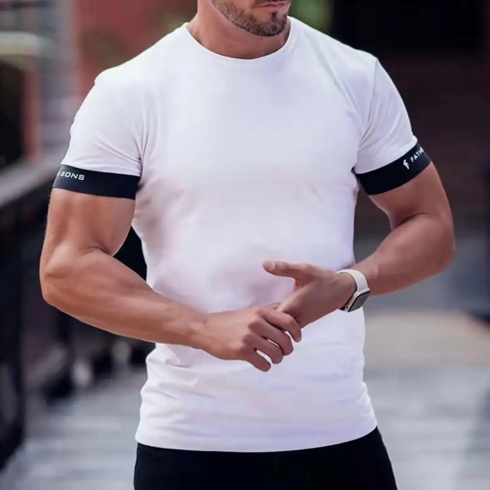 メンズコットン半袖ラウンドネックTシャツ,吸汗性,対照的な色,夏のスポーツトップ,レジャー