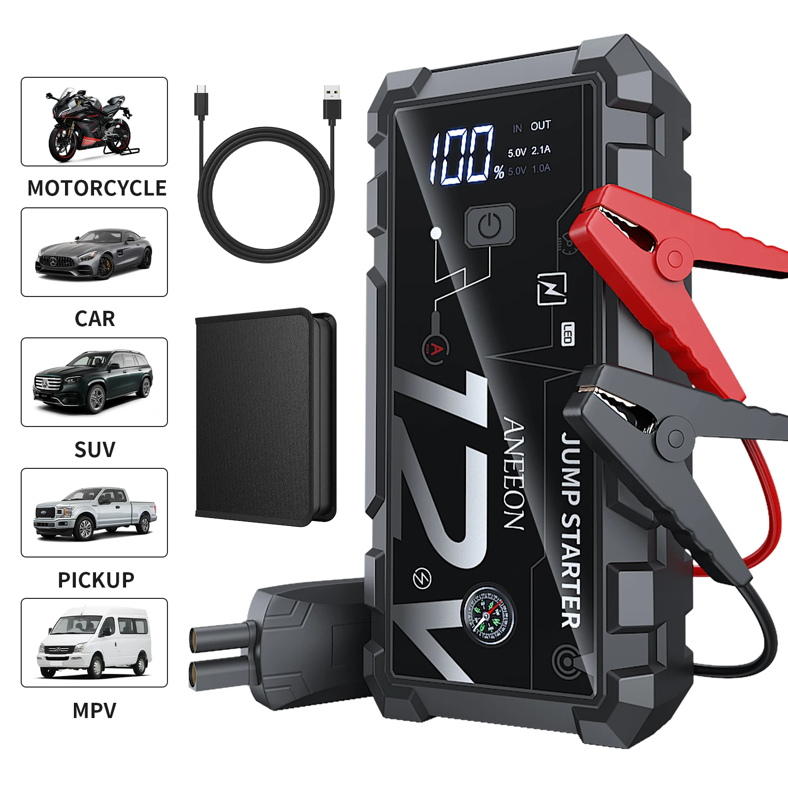 ANEEON 12V Car Battery Jump Starter Portable Charger Petrol Diesel Auto Starting Device Booster Emergency Starter,8000mAh(29.6Wh)Power Bank,With QC3.0 USB Charging,LED Lighting,Compass