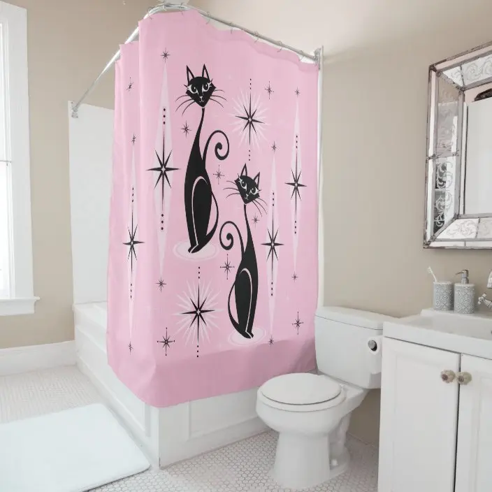 Retro Atomic Cat Mid-Century Cat Family Holiday ©️studioxtine Shower Curtain Bathroom Curtain With Hook Bathroom Curtain