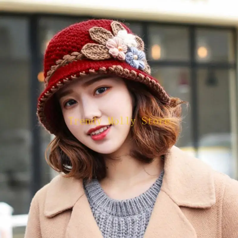 

N5KB Ladies Crochet Flower Fisherman Hat Wide Brim Bucket Hat Autumn Windproof Hat