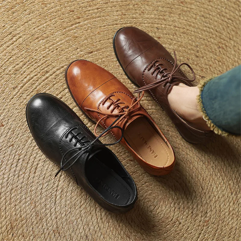 

Новая весенне-осенняя женская обувь из натуральной кожи, женские туфли с круглым носком, модные кружевные лоферы в стиле ретро, женские туфли-лодочки на низком каблуке ручной работы