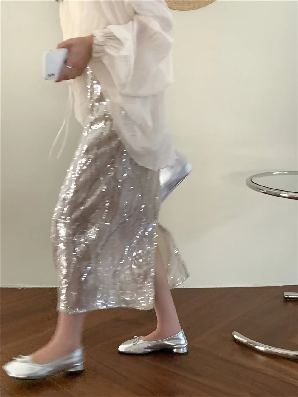 

Korean Sle iny Sequin f Skirt High Waist Straight Tube Long Dr Fairy Skirt Commute A-Line Skirt Pure Color Long Dr