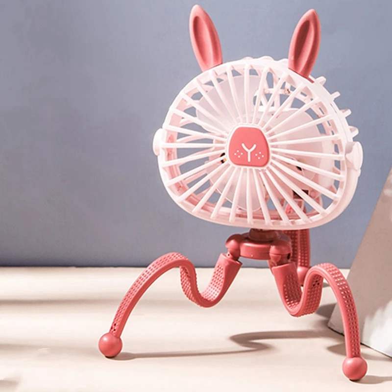 2PCS Cute Cartoons Octopus Portable USB Fans Handheld Baby Stroller Bracket Silent Fan Mini Stand Fans ( Green & Pink)