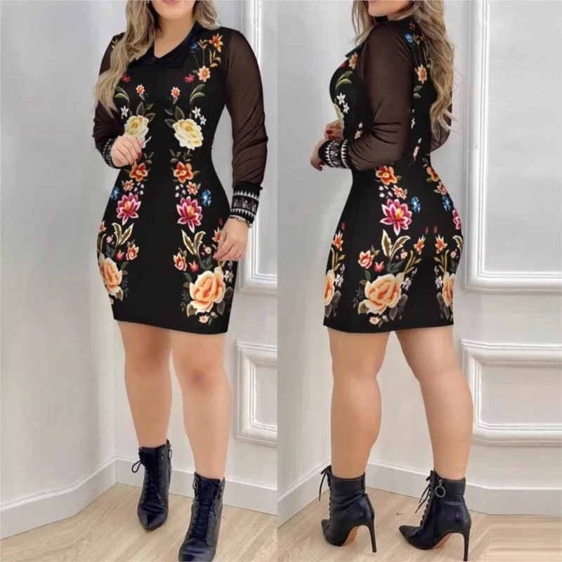 

Vintage Floral Print Mini Dresses For Women 2025 Spring New Mesh Long Sleeve V-neck Tight Hip-pack Dress Elegant Vestidos