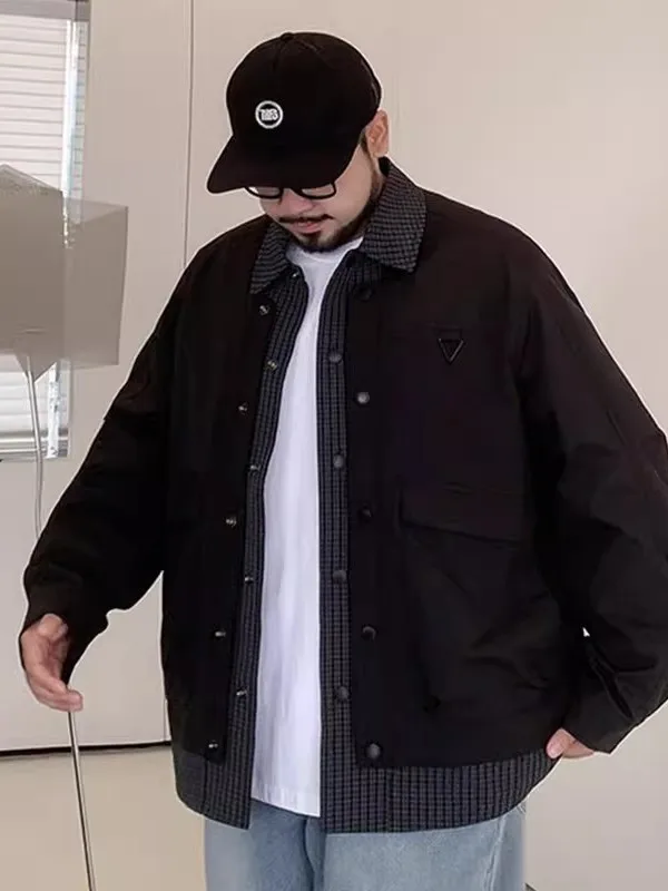 

Trendy Plus Size Men's Shirt Jacket Casual Loose Spring Autumn Patchwork Long Sleeve Polyester Fiber Flat Front Button Up