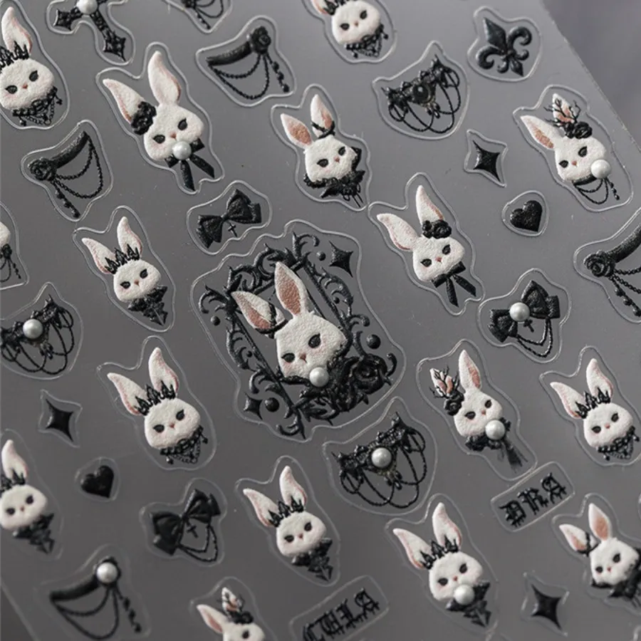 5D Kawaii Punk Dark Nail art Aufkleber Luxus Cartoon Schwarz Kaninchen Tiere Selbstklebende Slider Nagel Dekoration Aufkleber Zubehör