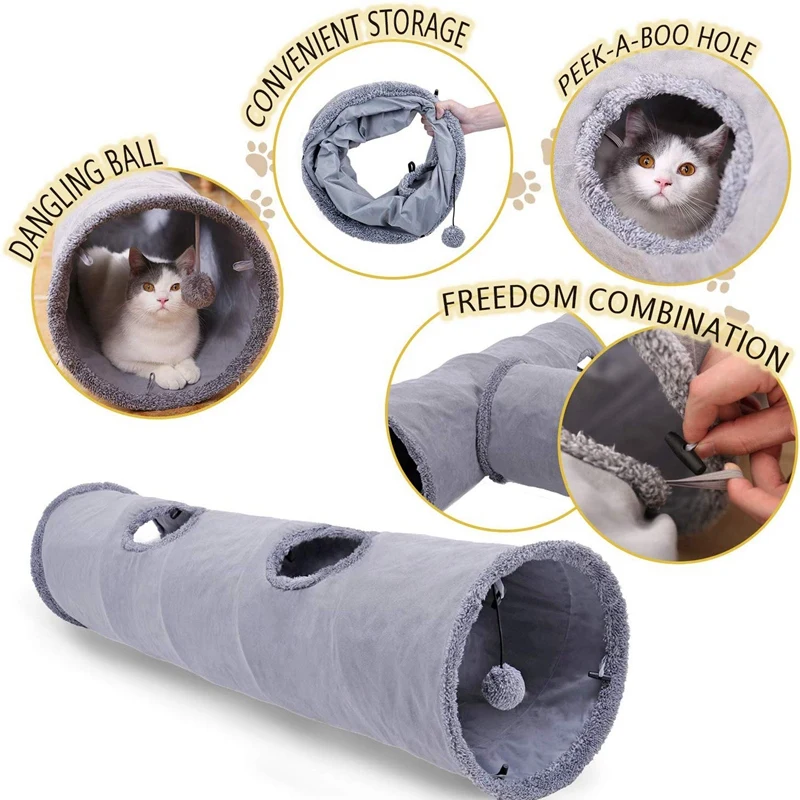 Pet Collapsible Cat Tunnel Cat Toys Play Tunnel Durable Suede Hideaway Pet Crinkle Tunnel With Ball 12 Inch Diameter