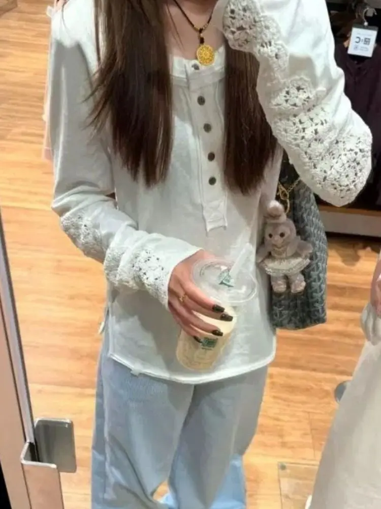 ホワイトレース中空刺繍ヘンリーカラーロングスリーブTシャツレディース冬新作UVカットカバーアップトップ