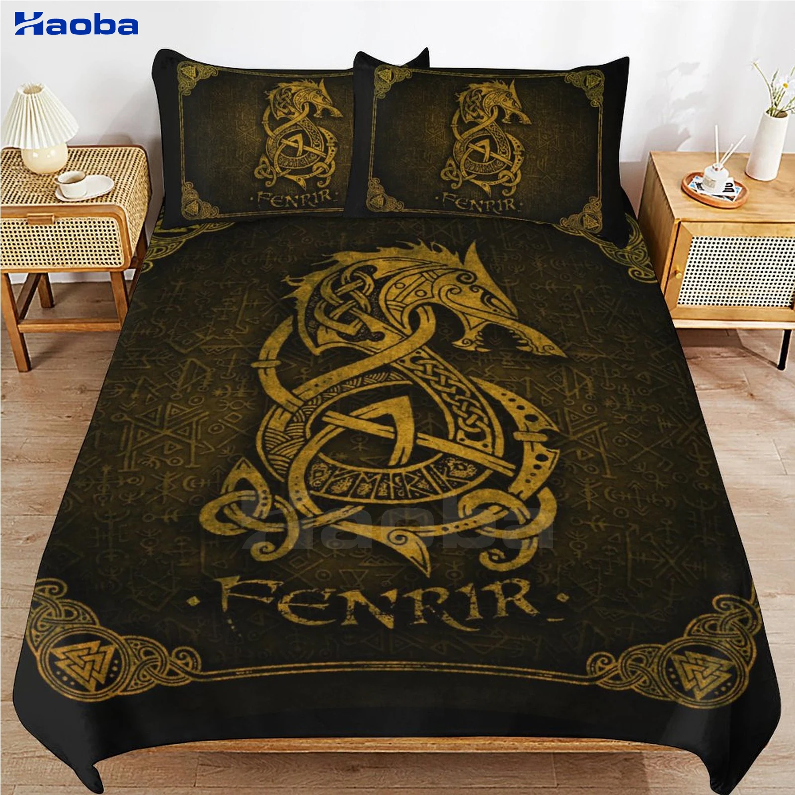 Viking Wolf Norse Print Three Piece Bedding Set Children or Adults for Beds Quilt Covers Birthday Gifts for Women Men