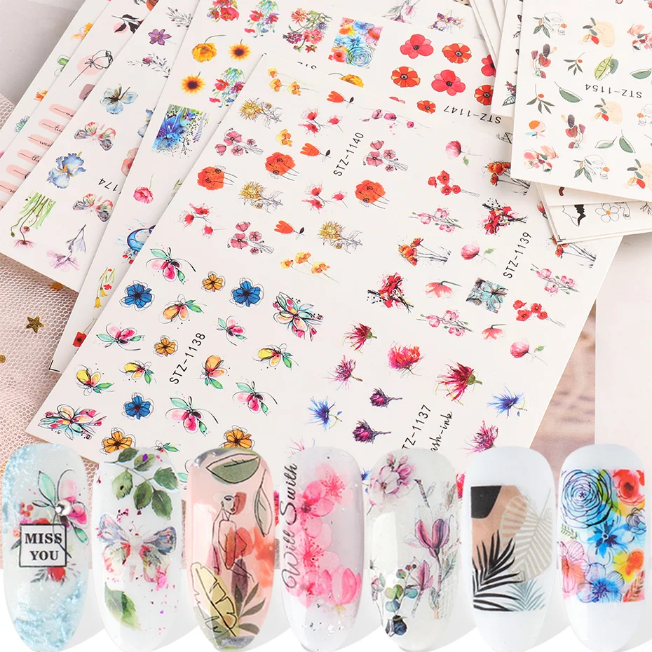 4pcs Nails Stickers Flowers Leaves Abstract Human Face Temporary Tattoo Slider Summer Spring Nail Polish Decor SASTZ1138-1180