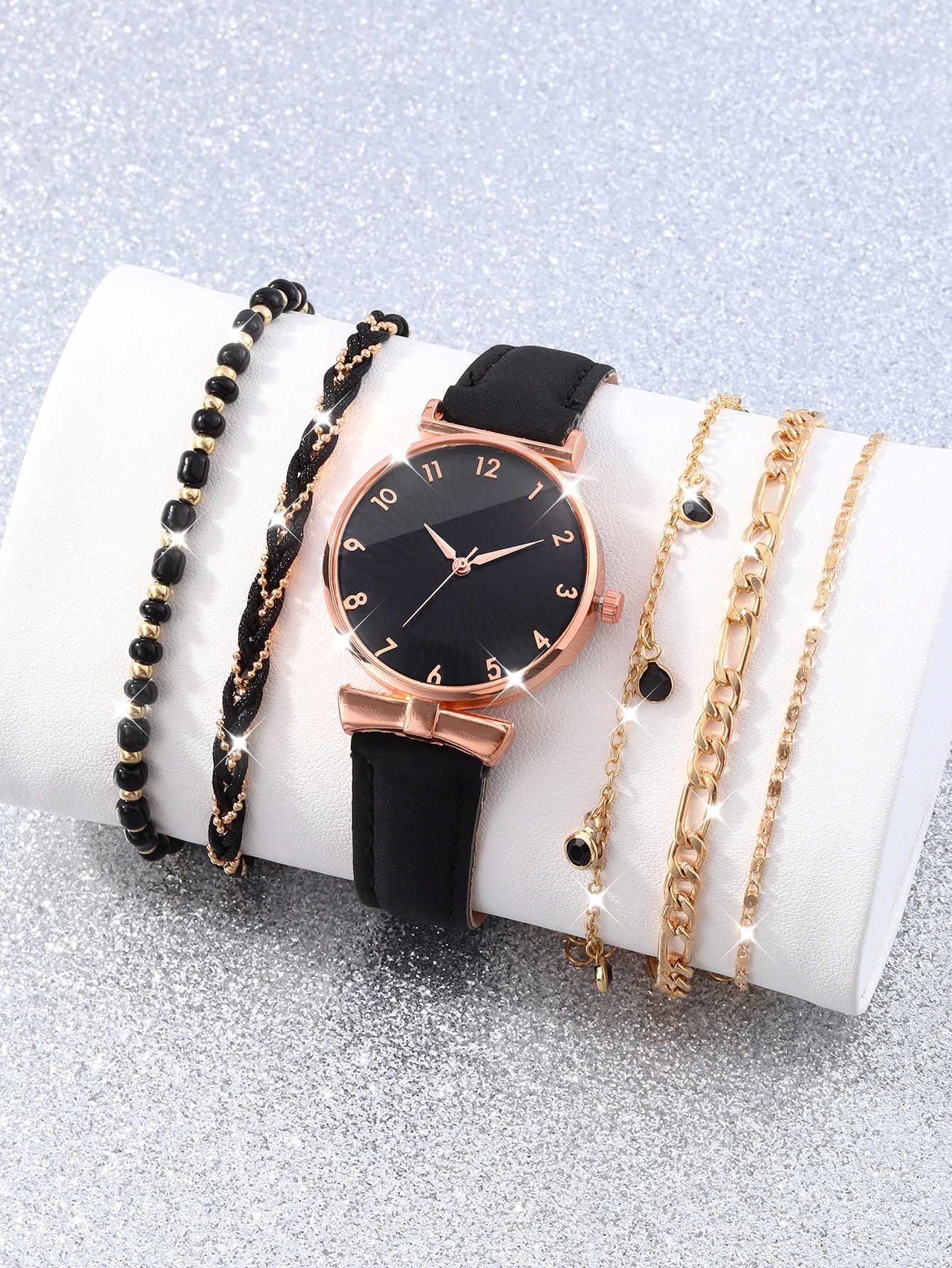 Black fashion convex design women's simple quartz watch and 5 bracelet set birthday gift everyday wear