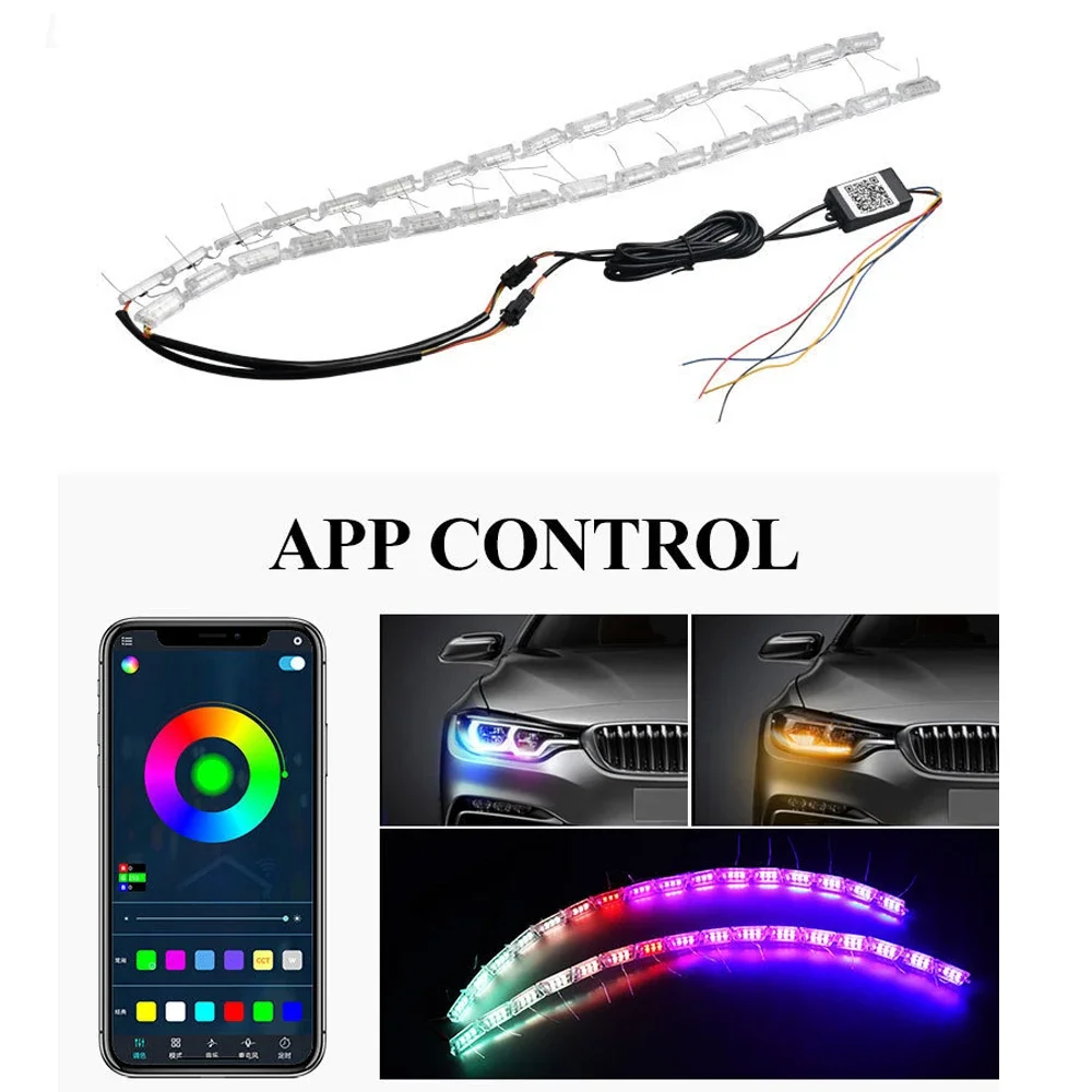 

2pcs RGB Car LED Daytime Running Lights Strip Waterproof Colorful With Flowing Yellow Decorative Headlight Turn Signal Light 12V