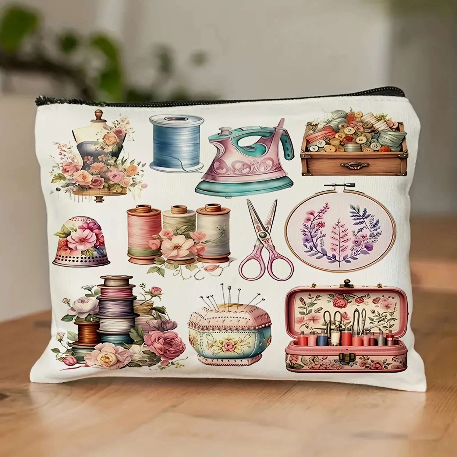 Vintage Sewing Machine & Floral Makeup Bag Sewing-Themed Storage Organizer Large Capacity Cosmetic Case Lightweight Travel Bag