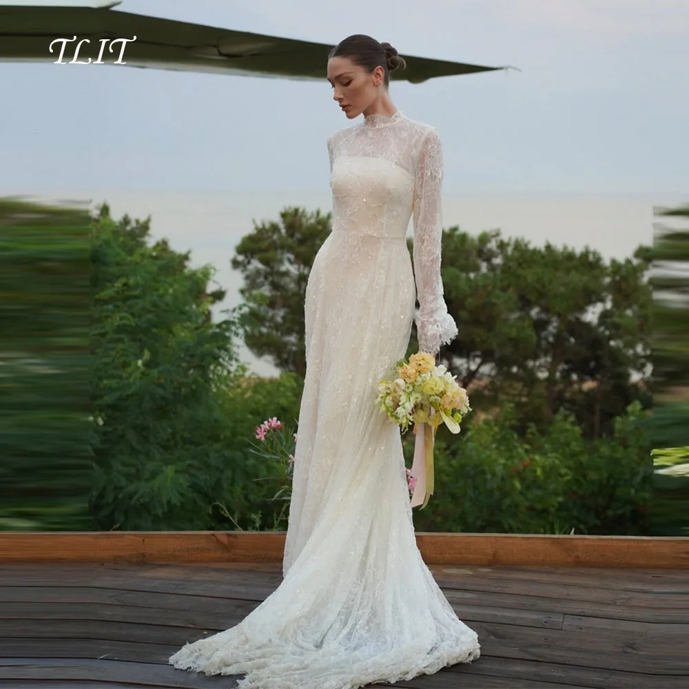 

TLIT Luxury Sequined Lace Wedding Dresses Customized O-Neck Buttons فساتين زفاف Long Flare Sleeves Bridal Gowns