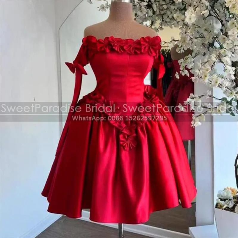 

Red Short Bridesmaid Dresses With Appliques Off Shoulder Puffy A Line Customized Mini Wedding Party Dress