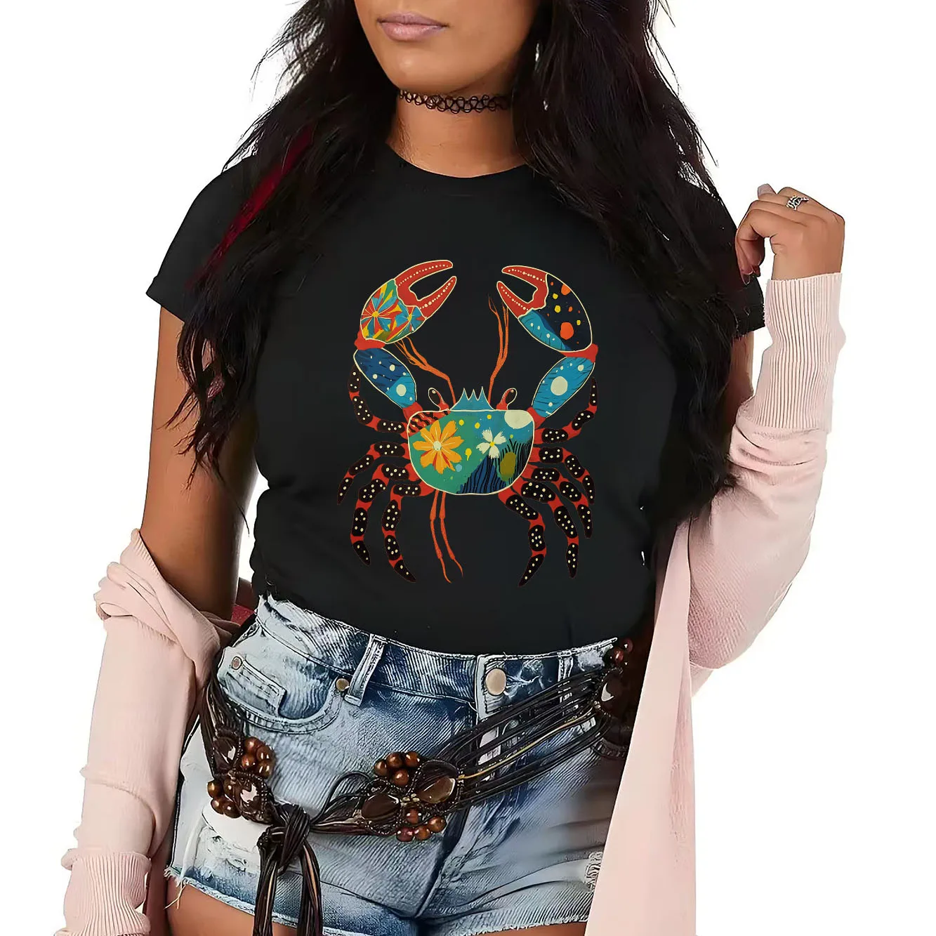 

New fashionable crab print T-shirt casual short sleeved suitable for daily wear in all seasons women's T-shirt