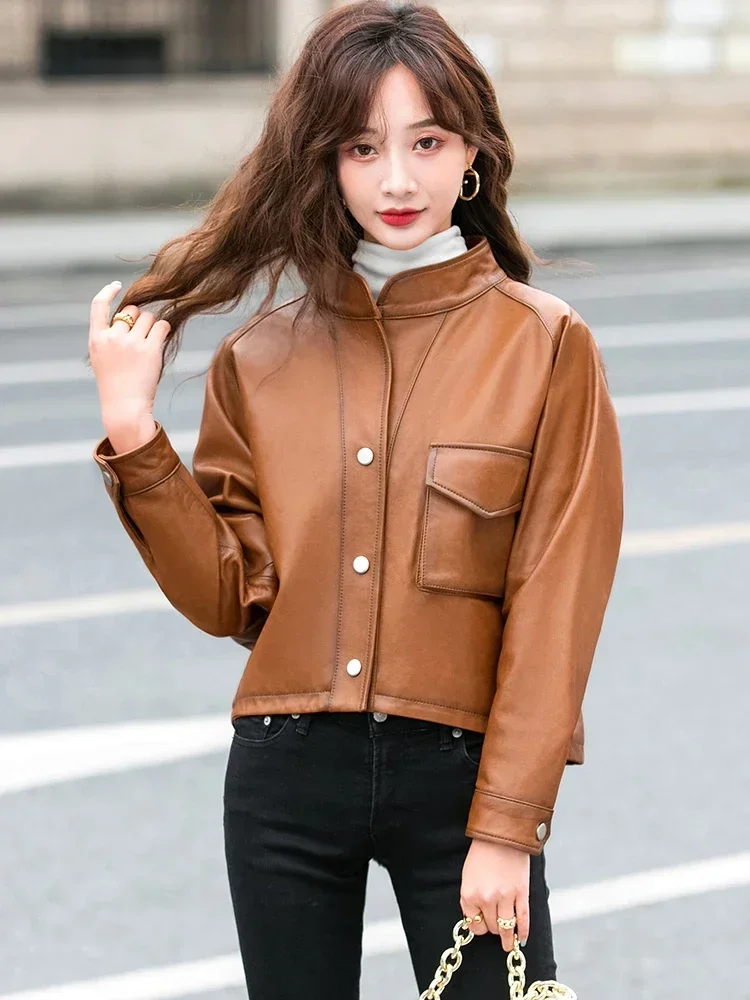 Genuine Leather Jacket Women 2024 Short Real Sheepskin Leather Coat New Fashion Spring and Autumn Leather Jackets Stand Collar