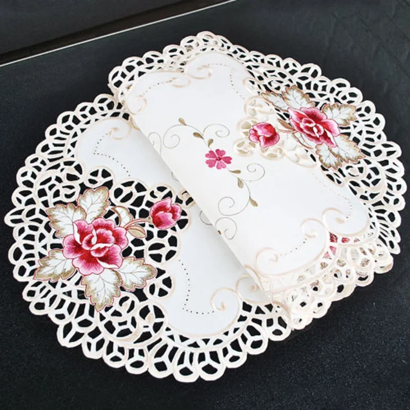 Oval Country Style Floral Embroidered Lace Hollow Design Peony Printing Tablecloth Table Mat Dining Tables Decor 40x85cm