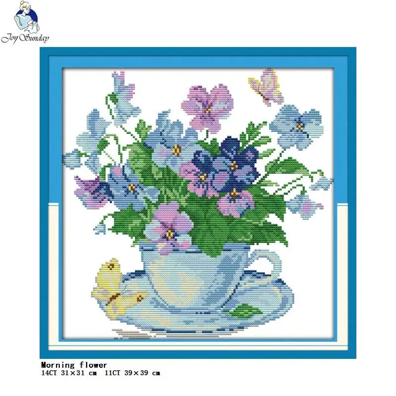 Teacup Flowers Series Joy Sunday Floral Pattern Cross Stitch Set 14CT 11CT White Cloth Printed Fabric Embroidery Kit Home Decor