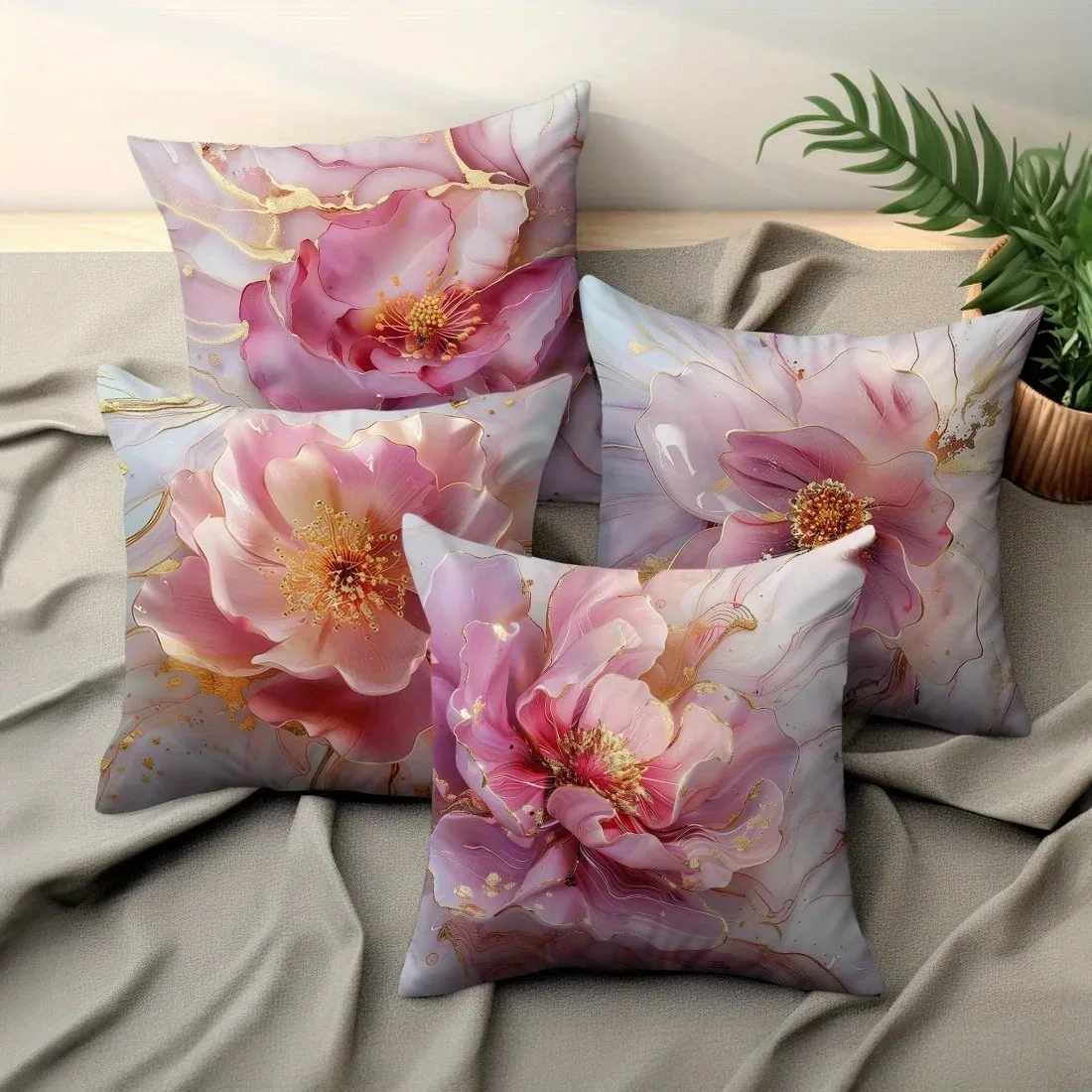 Pink Flower Gold Marble Printed Pillow Cover Plush Polyester Cushion Case 2D Flat Printing Pillowcase Home Decor Luxury Modern