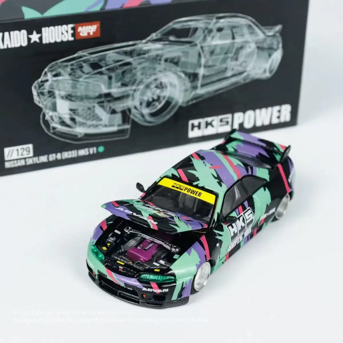 MINIGT&KAIDO House 1:64 Open cover Nissan Skyline GTR R33 HKS Theme painting alloy car model-Fast delivery