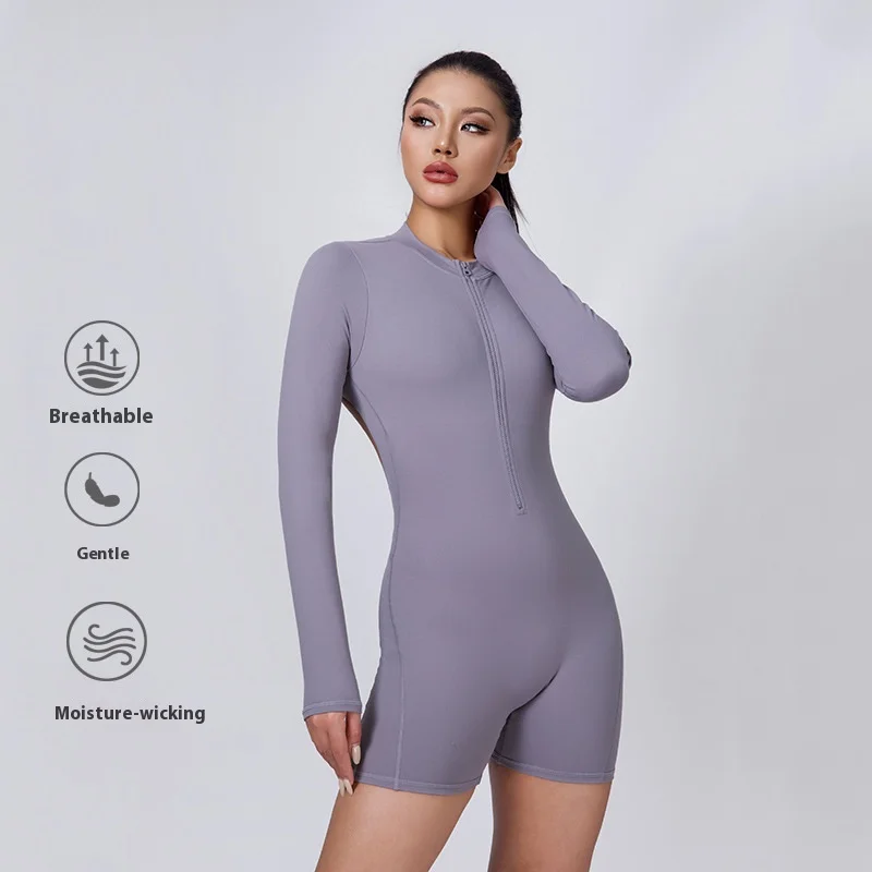 Set da yoga a maniche lunghe con cerniera sexy da donna tuta intera da palestra allenamento corto fitness push up tuta sportiva tuta sportiva sportiva