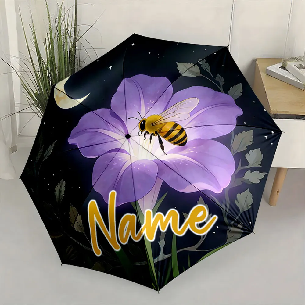 Custom Name Umbrella Bees and Blooms: Enchanting Umbrella Design Print 8 Iron Ribs Folding Umbrella Auto-Open Fashion Sunshade