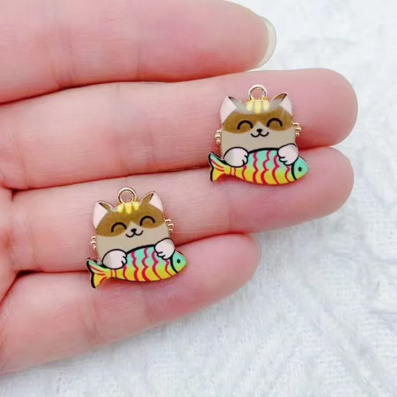 10pcs cross-border cartoon cute alloy cat eating fish animal pendant DIY accessories accessories mobile phone brooch pendant view 3