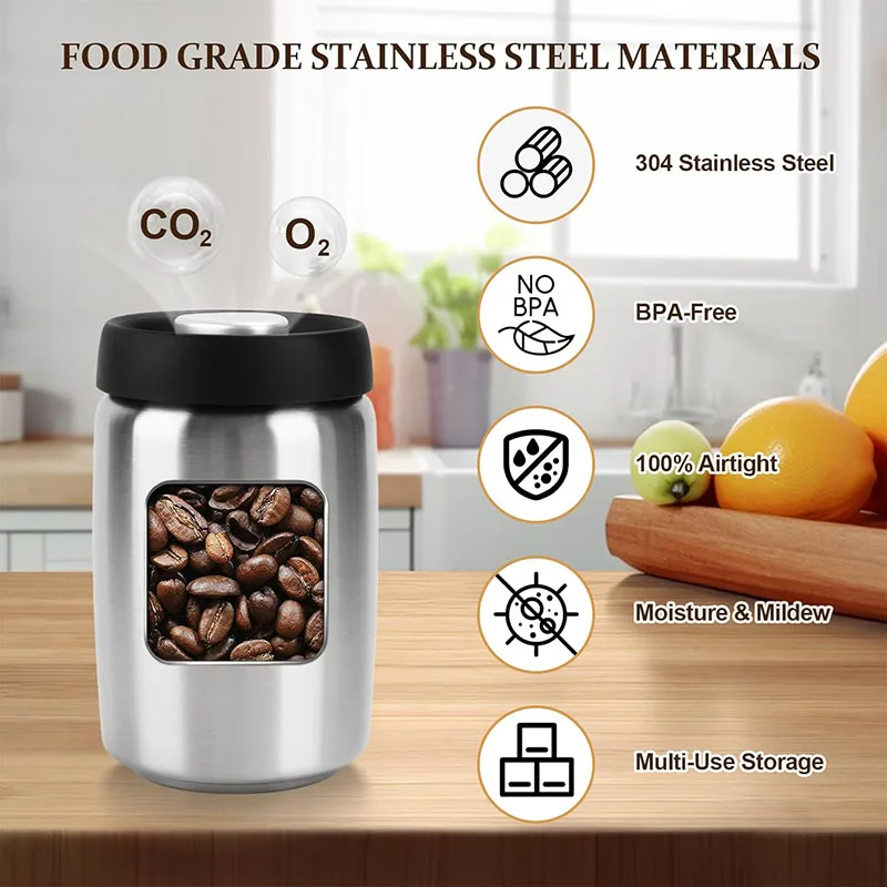 Vacuum Coffee Canister, 304 Stainless Steel Airtight Food Storage Container, Coffee Bean Storage for Coffee Beans Grounds Tea