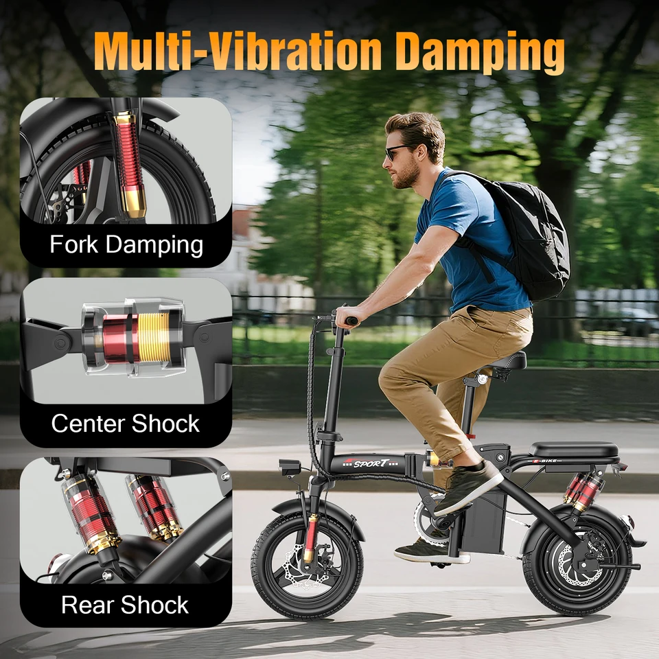 ASKGO 14" Folding Electric Bike for Adults Teens, 500W Peak Commuter Ebike, 20MPH Max Speed, 25 Miles Range, Dual Suspension Dual Brake, 3 Speed Modes Portable Mini E-bike image 3