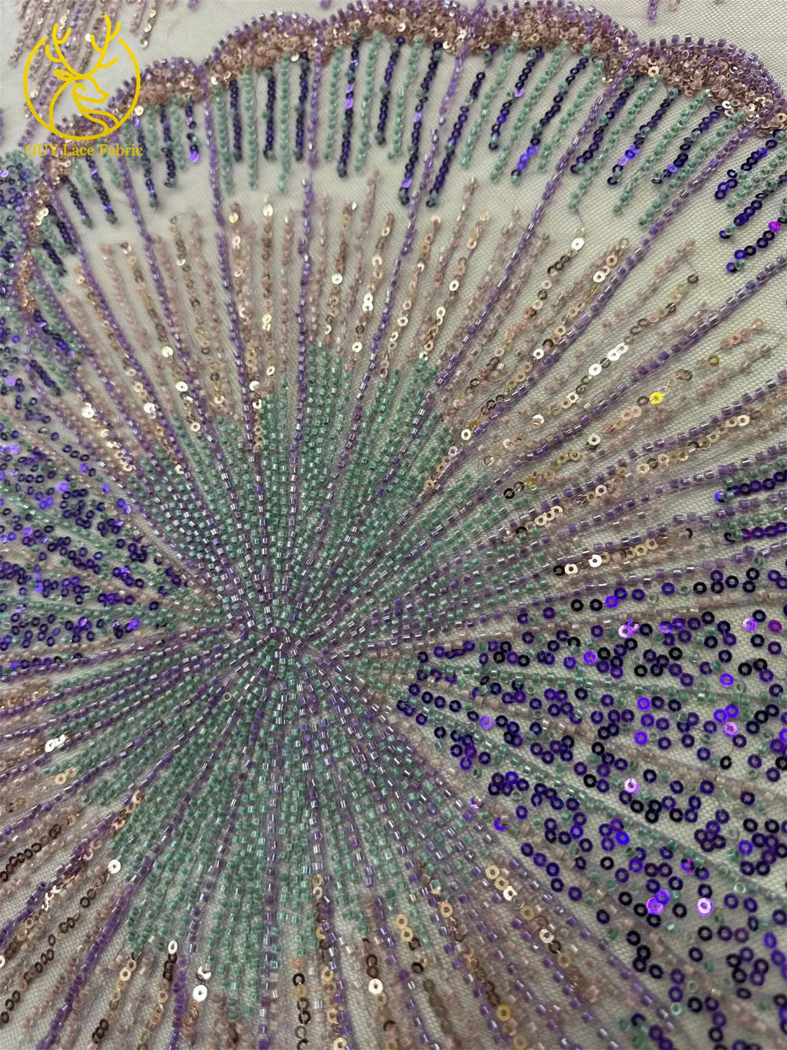 Luxuriöser Gold-Lila Afrikanischer Perlen-Pailletten-Spitzenstoff 5 Yards Exquisiter Französischer Nigerianischer Tüll-Spitzenstoff für Abendkleider und Hochzeitskleider – Detail 7