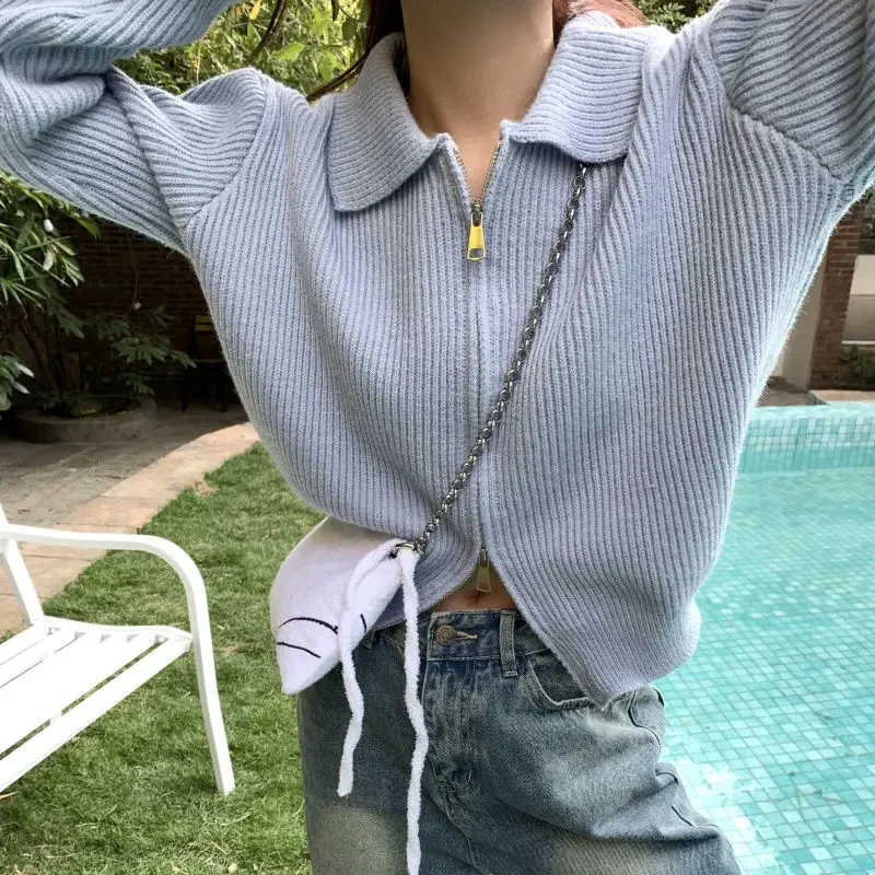 

Cropped Cardigan Women Solid Zipper Fashion Leisure All-match Retro Simple Sweet Cute Long Sleeve Pullovers Soft Cardigan Coat