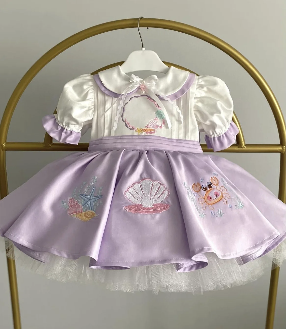 Baby Girl Summer Autumn Shell Crab Embroidery Purple Vintage Princess Dress for Birthday Party Photography Eid Casual  B40