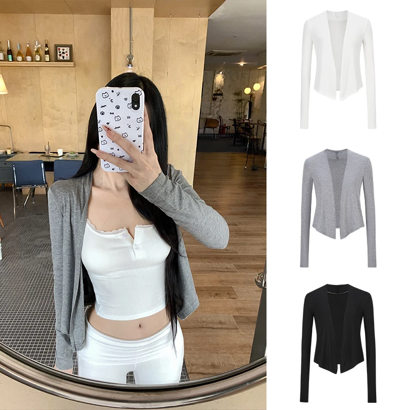 

MosesQueen Vintage Thin Short Open Cardigan Pure Color Slim Fit Versatile Women's Long Sleeve Knitted Sweater Spring 2026
