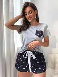 Summer Women's Pajamas Set Screw Neck Tee & Shorts Sleepwear 2 Pieces Heart Print Nightwear Elastic Drawstring Homewear Cloth