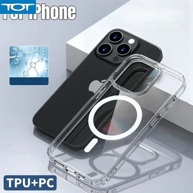

TPU+PC Case for iPhone 16 15 Pro Max 14 Plus 13 Transparent Magnetic Wireless Charge Shockproof Clear Cover for iphone 15pro
